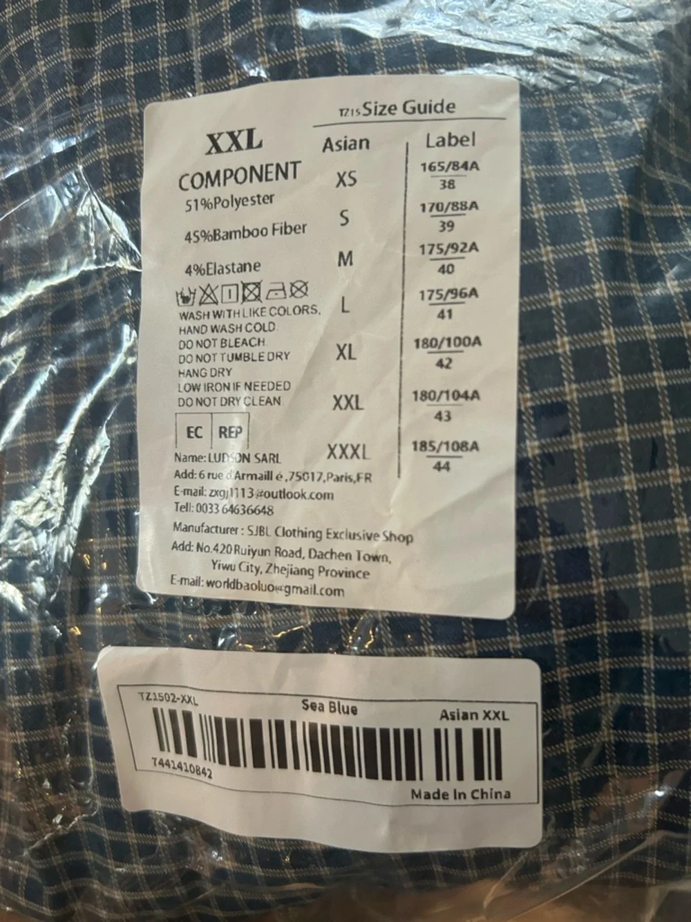 Men's  Sea Blue Check Button-Up Shirt- Long Sleeved -Size XXL - Picture 5 of 5